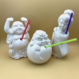 Lot Of 3 Benihana of Tokyo Ceramic Tiki Mug Cups Geisha, Buddha & Daruma Buddha